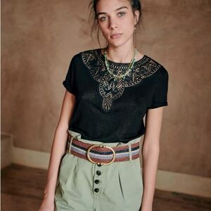 Sezane Black linen top with embroidery XS